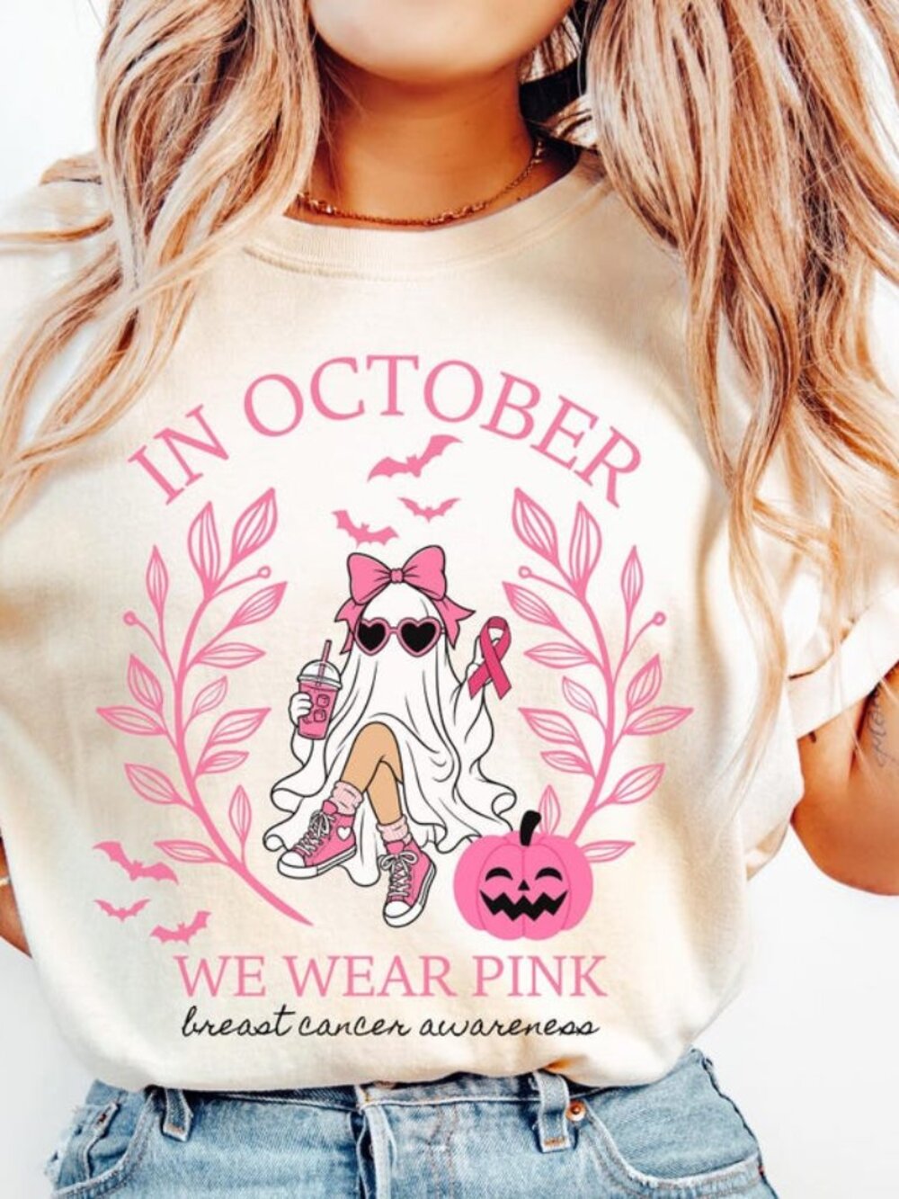 In October We Wear Pink Ghost Sweatshirt, Breast Cancer Awareness Tee
